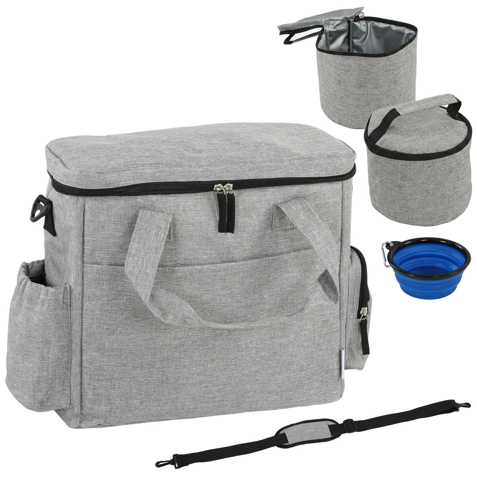 Bolsa de viagem para cães bolsa de recompensas com 2 recipientes de ração e tigela dobrável bolsos cinzento claro