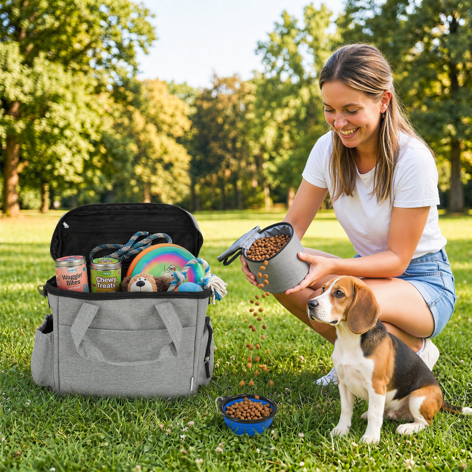 Bolsa de viagem para cães bolsa de recompensas com 2 recipientes de ração e tigela dobrável bolsos cinzento claro