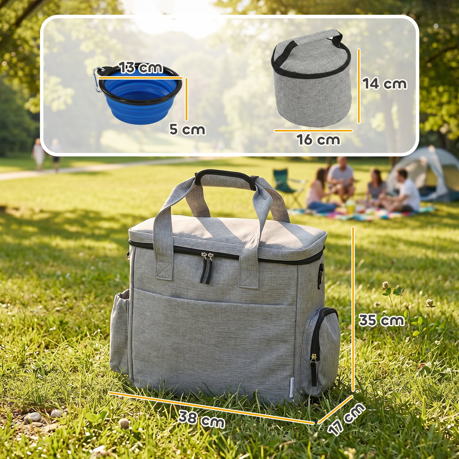 Bolsa de viagem para cães bolsa de recompensas com 2 recipientes de ração e tigela dobrável bolsos cinzento claro