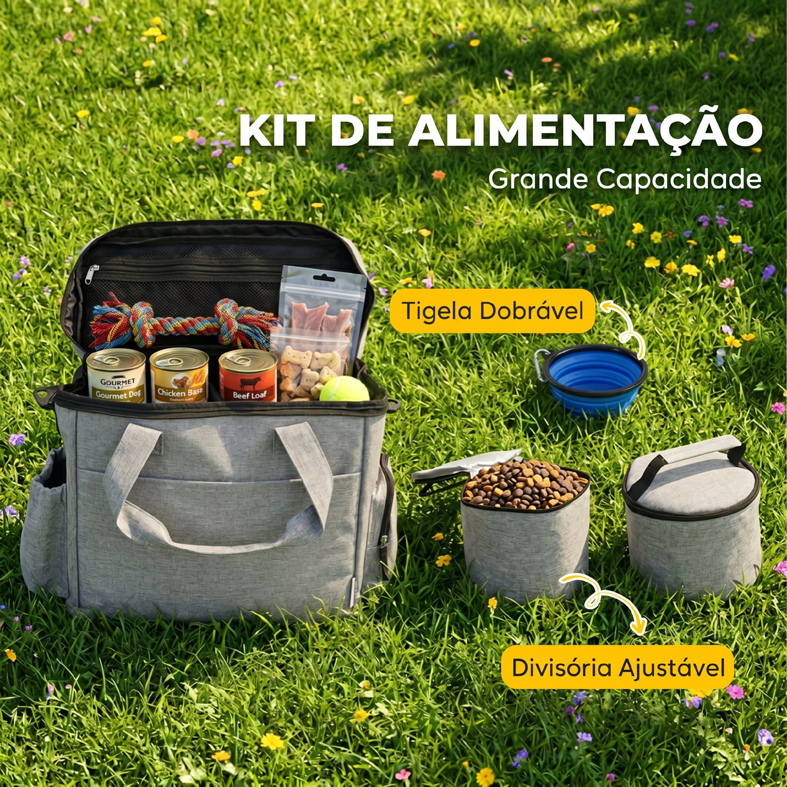Bolsa de viagem para cães bolsa de recompensas com 2 recipientes de ração e tigela dobrável bolsos cinzento claro