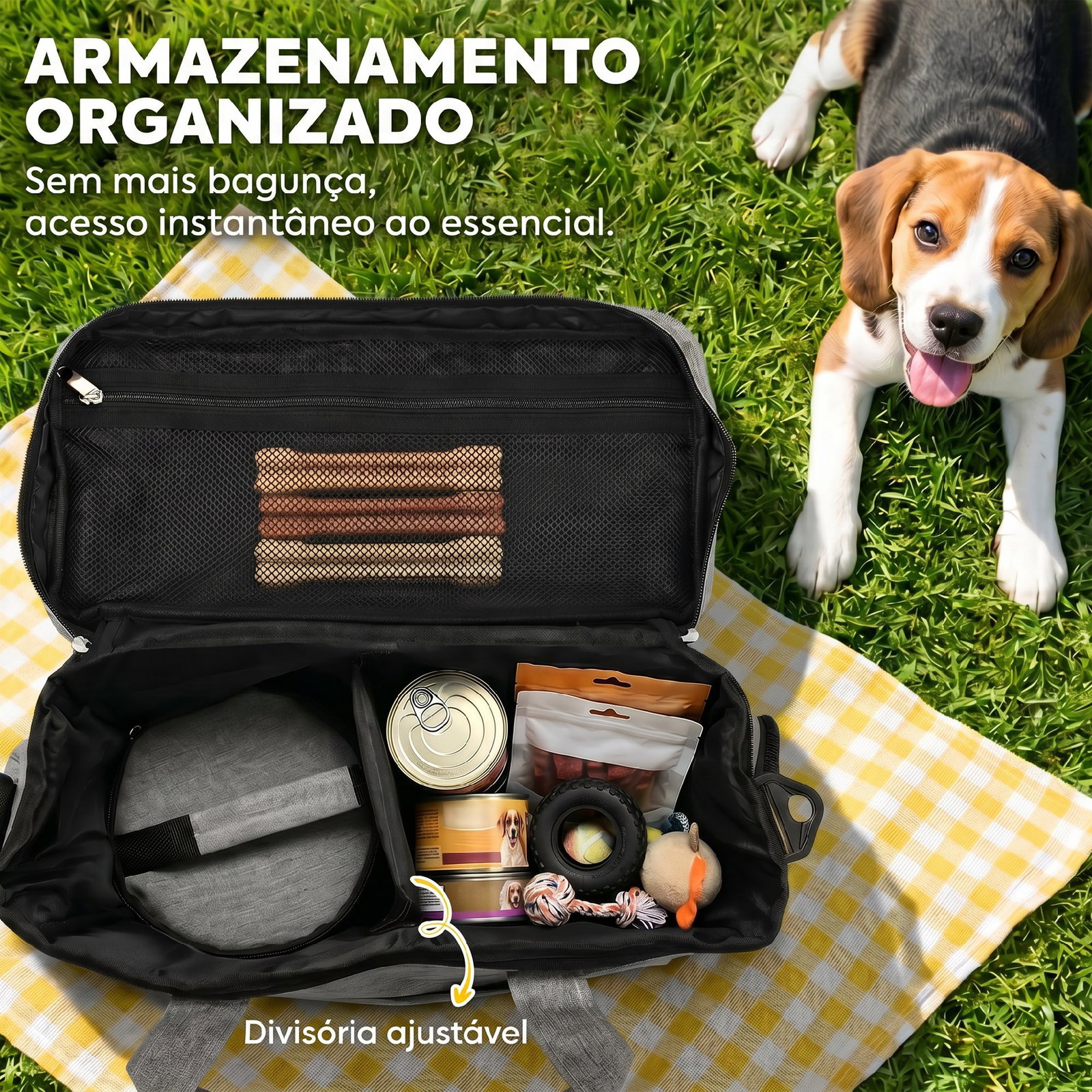 Bolsa de viagem para cães bolsa de recompensas com 2 recipientes de ração e tigela dobrável bolsos cinzento claro