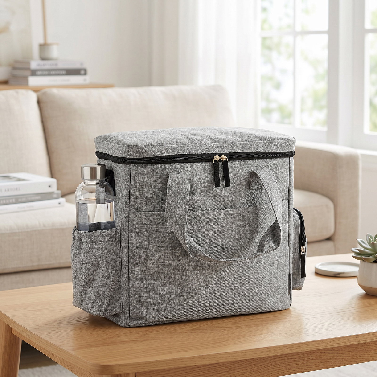 Bolsa de viagem para cães bolsa de recompensas com 2 recipientes de ração e tigela dobrável bolsos cinzento claro