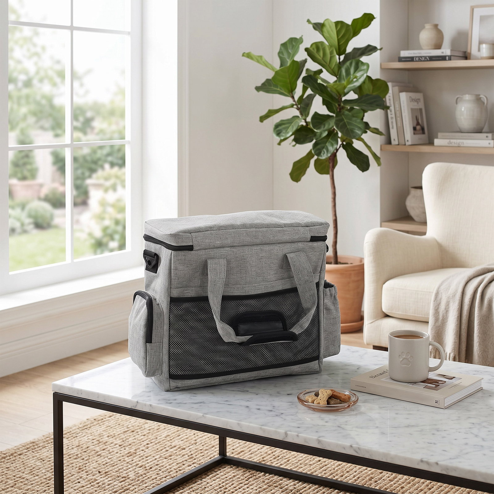 Bolsa de viagem para cães bolsa de recompensas com 2 recipientes de ração e tigela dobrável bolsos cinzento claro
