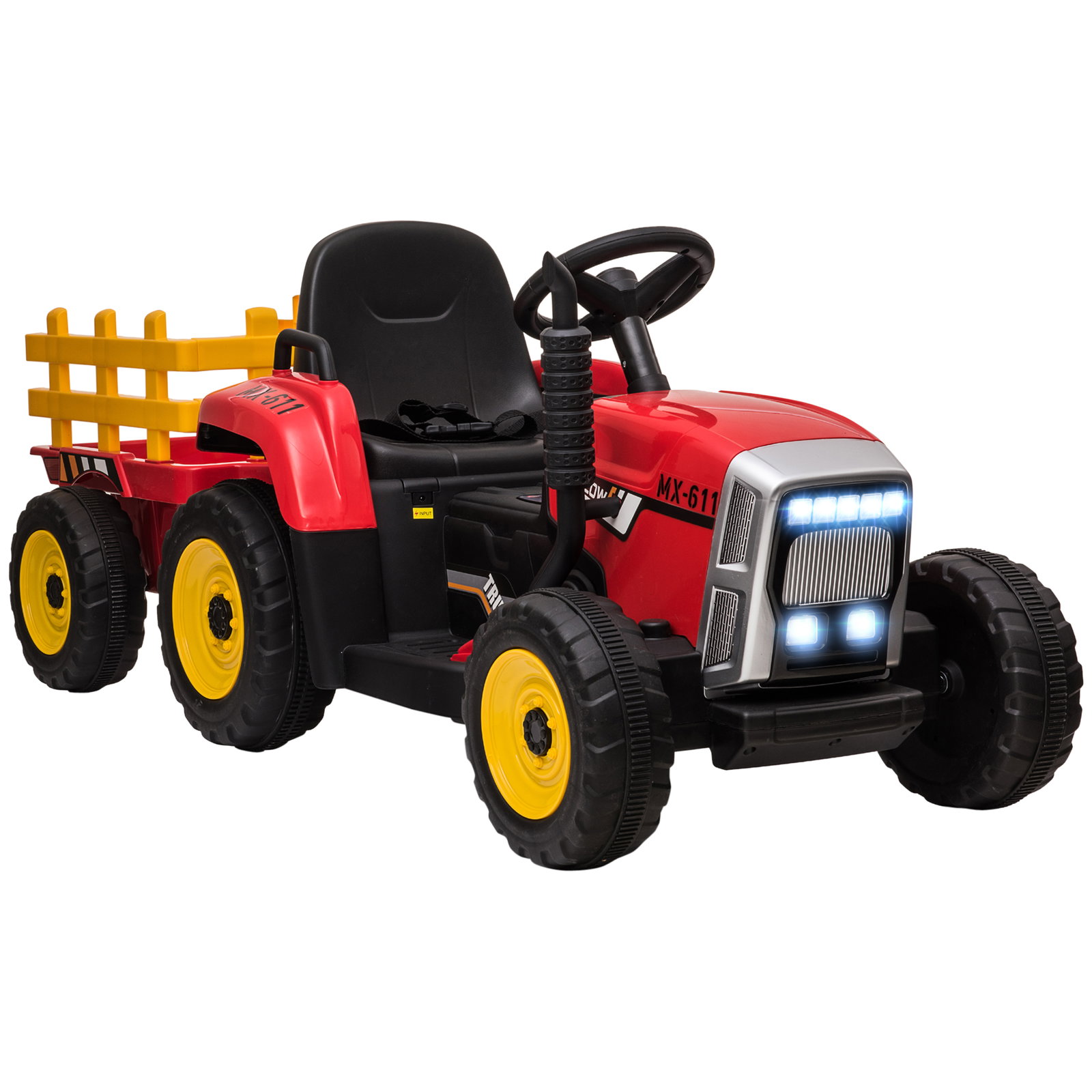 Trator elétrico com reboque amovível com controlo remoto música mp3 luzes e cinto de segurança 136,5x50x52,5 cm vermelho