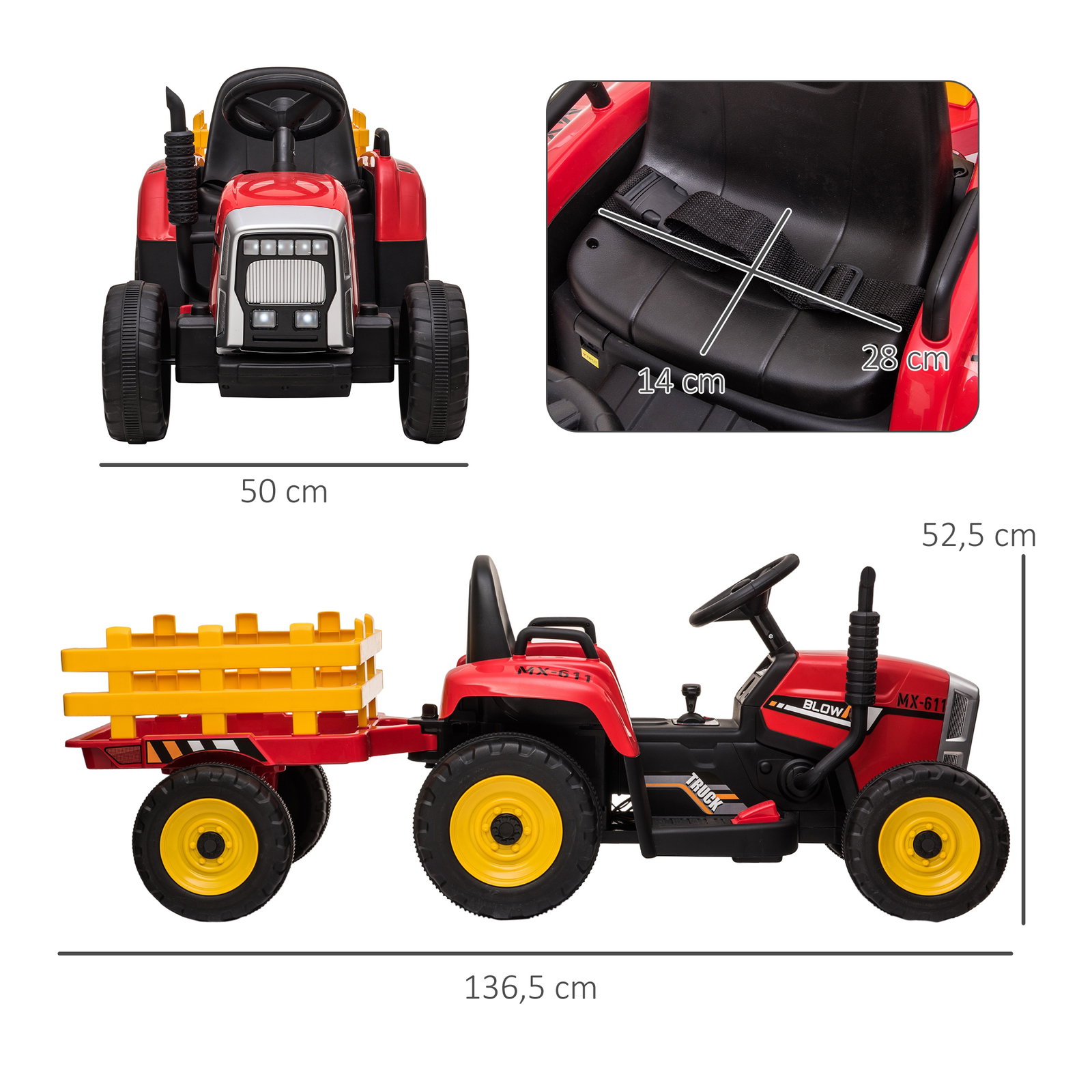 Trator elétrico com reboque amovível com controlo remoto música mp3 luzes e cinto de segurança 136,5x50x52,5 cm vermelho