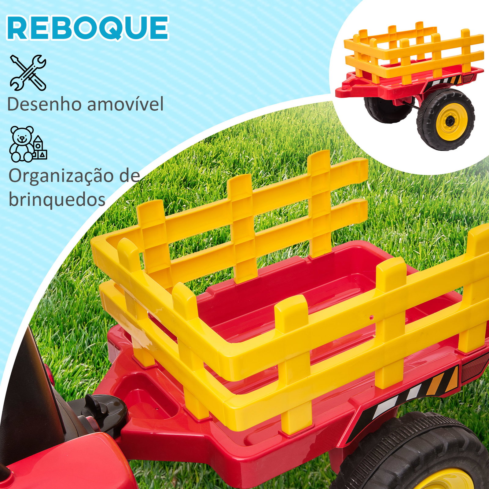 Trator elétrico com reboque amovível com controlo remoto música mp3 luzes e cinto de segurança 136,5x50x52,5 cm vermelho