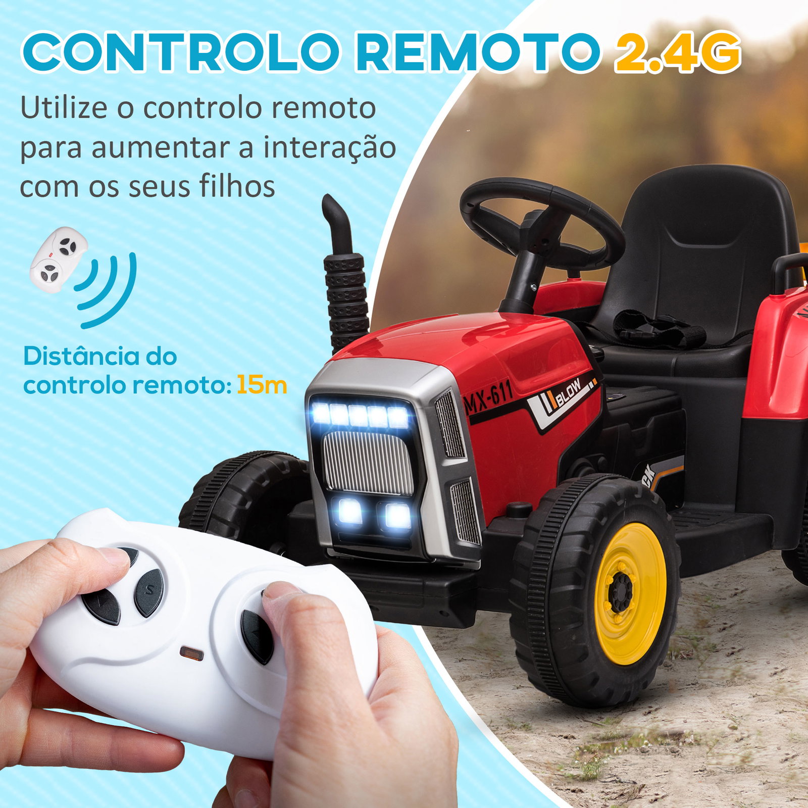 Trator elétrico com reboque amovível com controlo remoto música mp3 luzes e cinto de segurança 136,5x50x52,5 cm vermelho