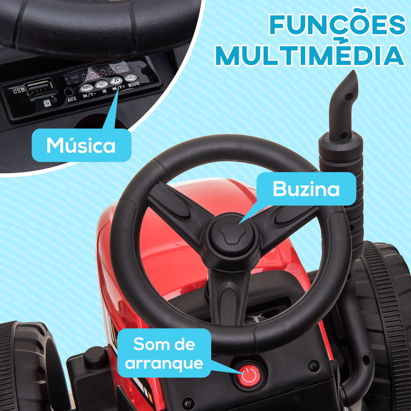 Trator elétrico com reboque amovível com controlo remoto música mp3 luzes e cinto de segurança 136,5x50x52,5 cm vermelho