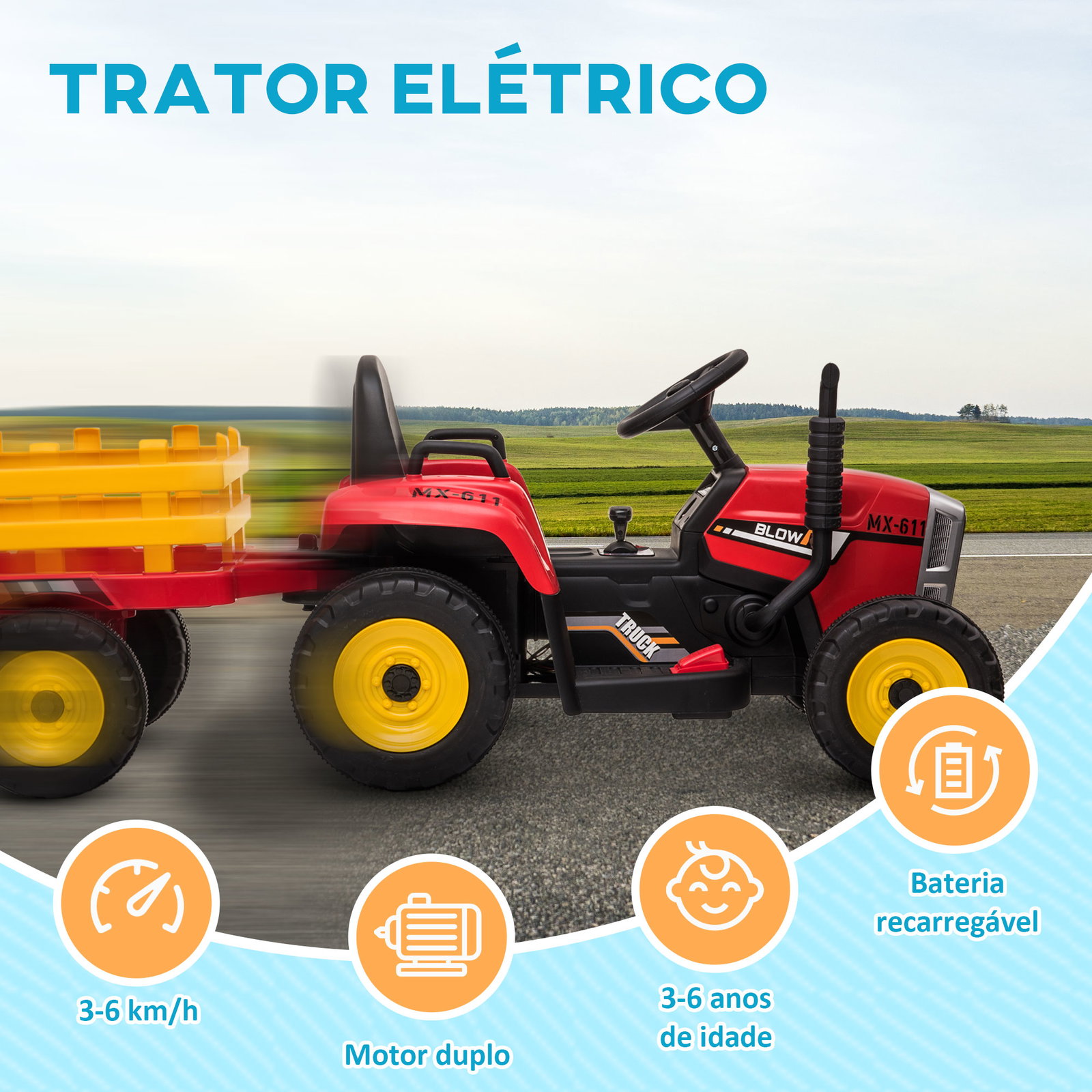 Trator elétrico com reboque amovível com controlo remoto música mp3 luzes e cinto de segurança 136,5x50x52,5 cm vermelho