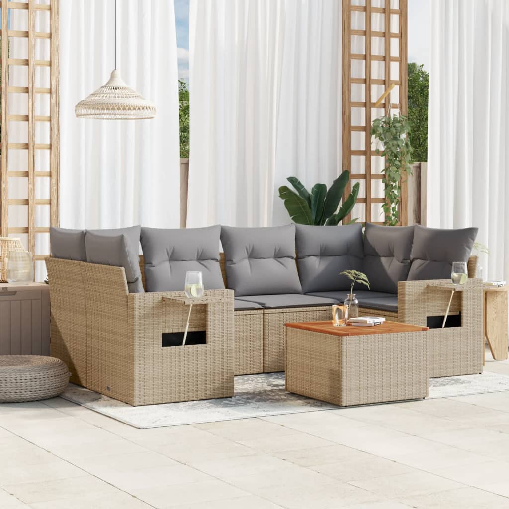 7 Pcs conj. sofás jardim c/ almofadões vime PE bege misturado