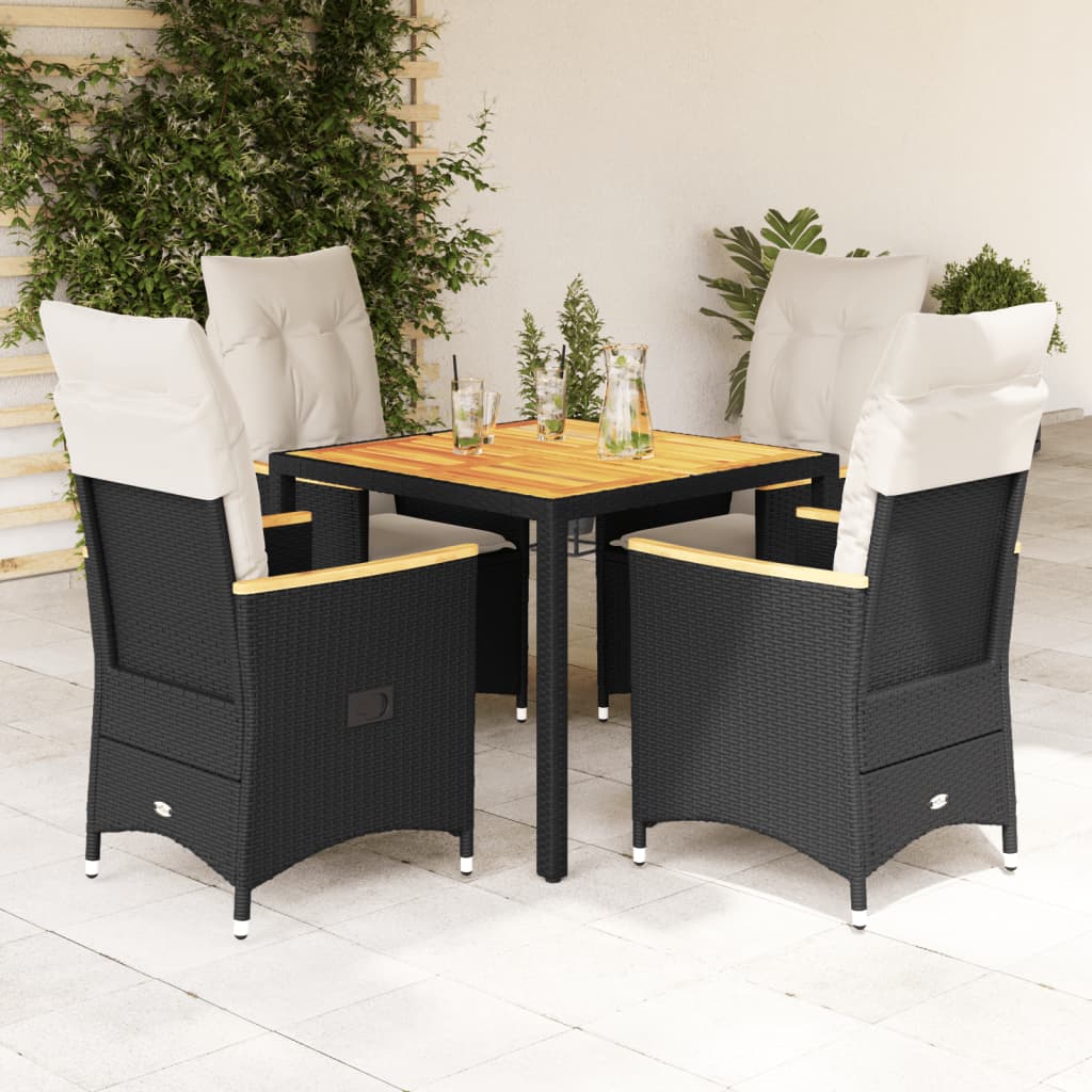 5 Pcs conjunto de jantar p/ jardim c/ almofadões vime PE preto