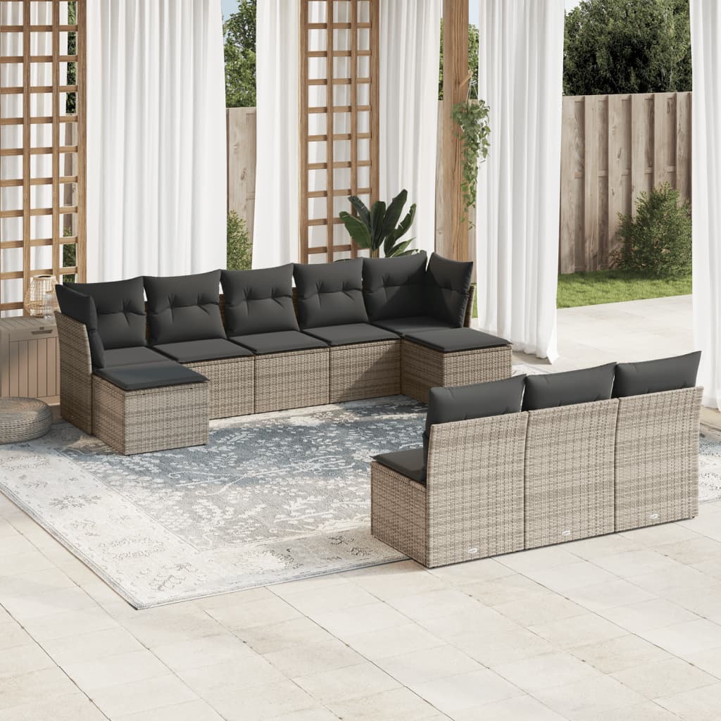 10 Pcs conjunto sofás de jardim c/ almofadões vime PE cinzento
