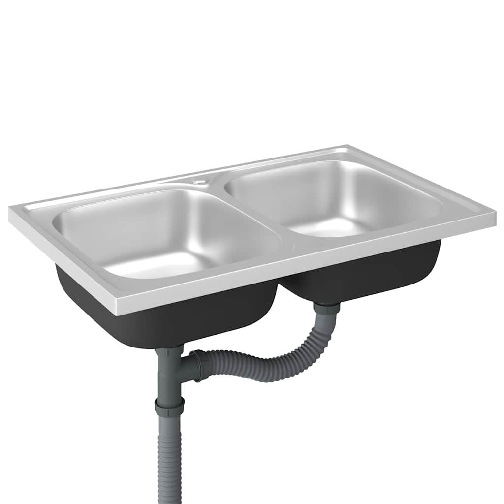 Lava-louça cozinha + cuba dupla 800x500x155mm aço inox prateado
