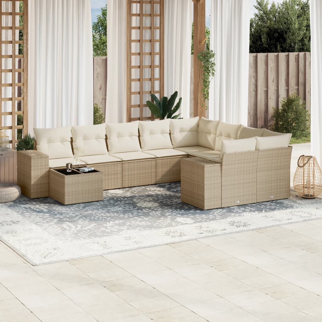 10 Pcs conjunto de sofás p/ jardim com almofadões vime PE bege