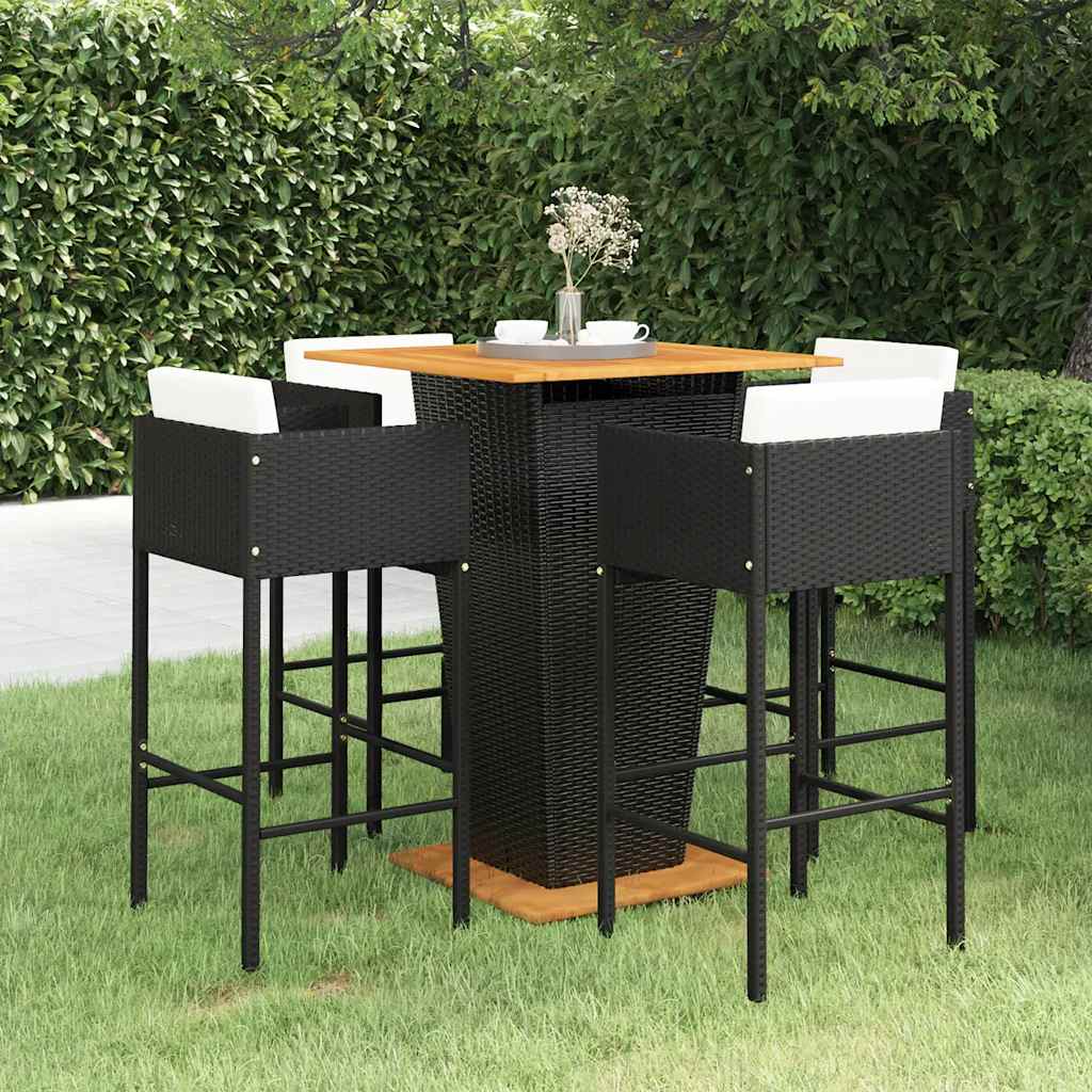 5 Pcs conjunto de bar p/ jardim c/ almofadões vime PE preto