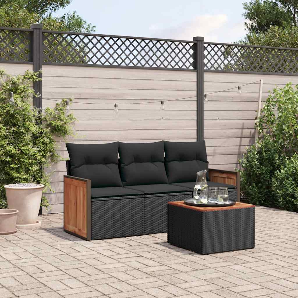 4 Pcs conjunto de sofás para jardim c/ almofadões vime PE preto