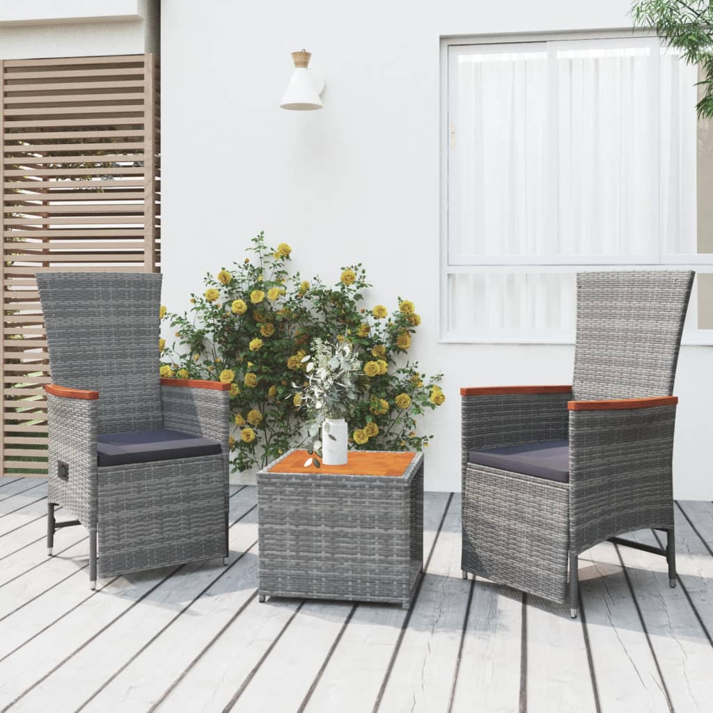 3 Pcs conjunto lounge de jardim vime PE/acácia maciça cinza
