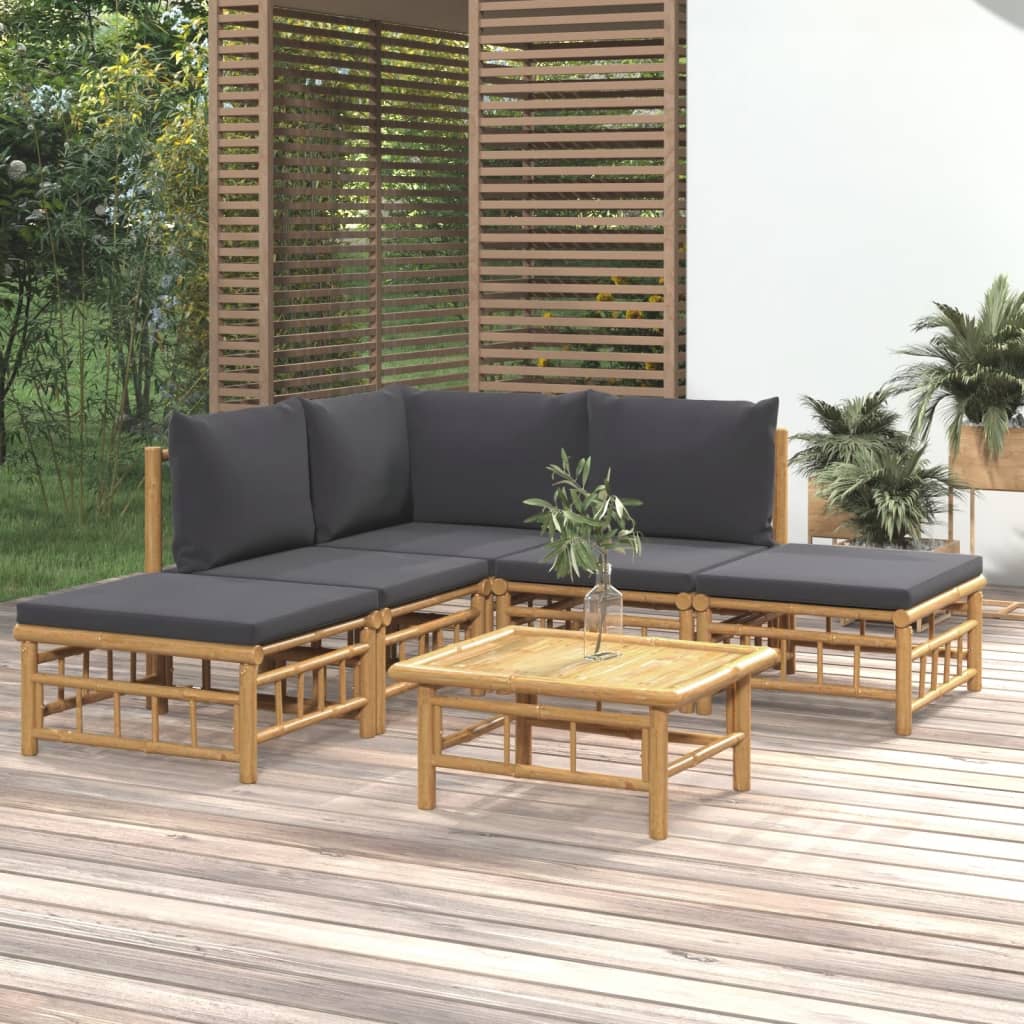 6 Pcs conjunto lounge jardim bambu c/ almofadões cinza-escuro
