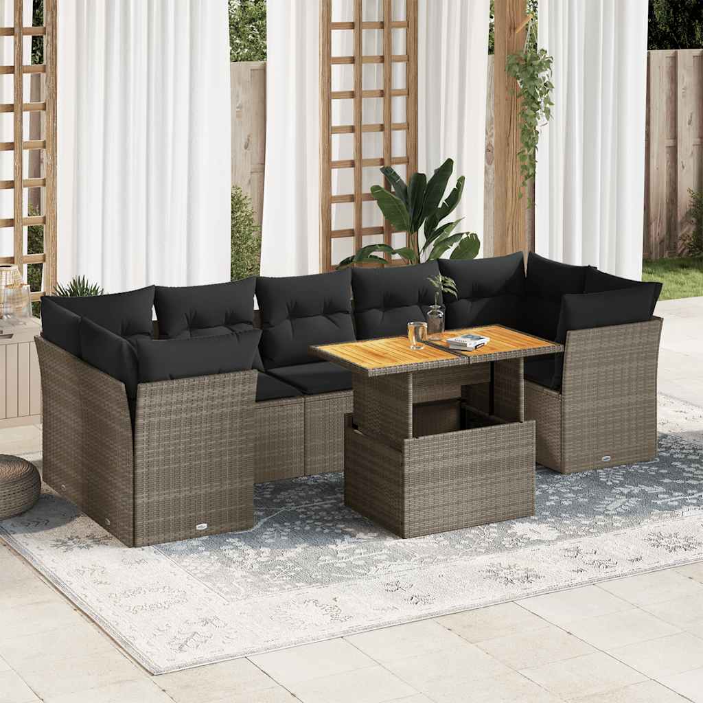 8 Pcs conjunto sofás de jardim c/ almofadões vime PE cinzento