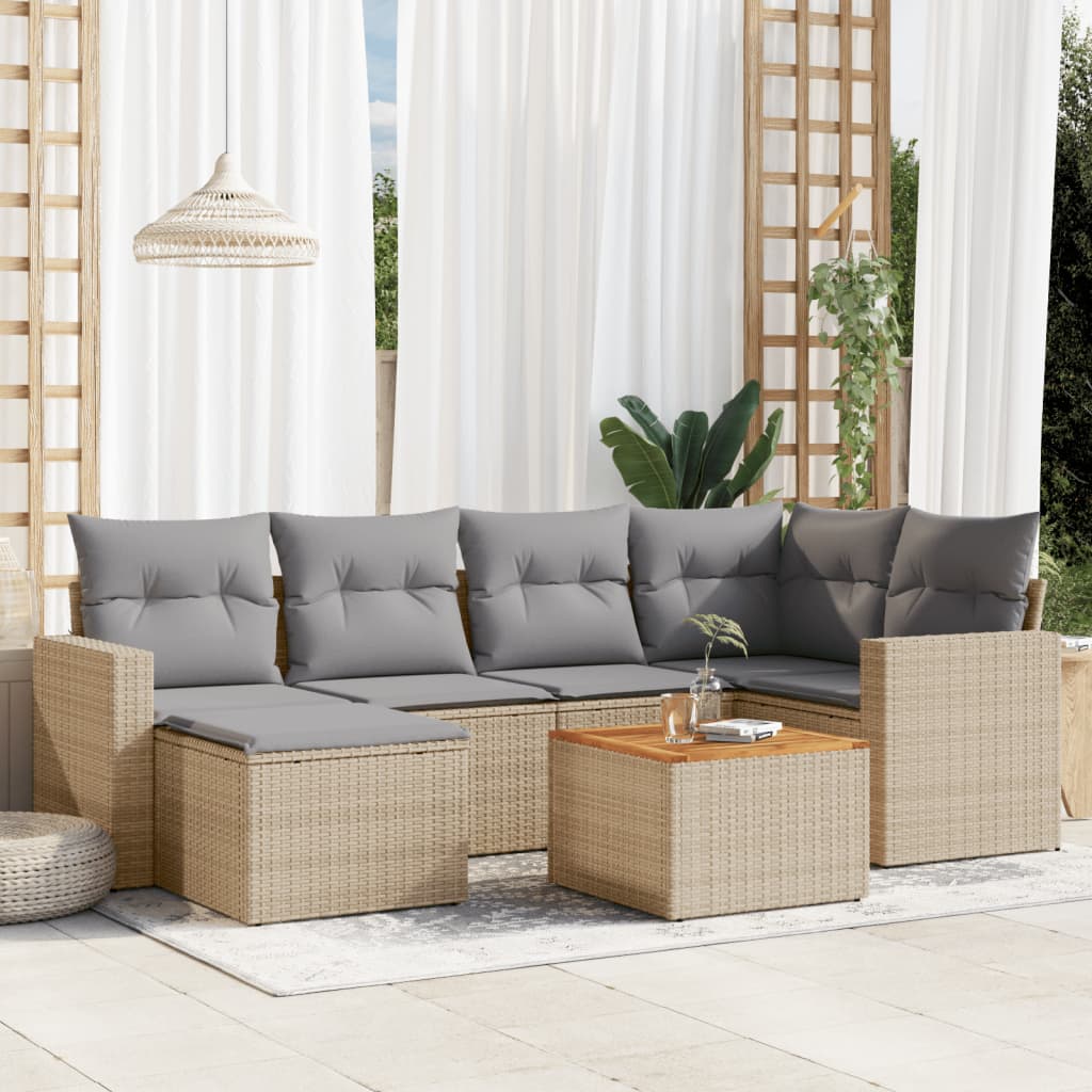 7 Pcs conjunto de sofás p/ jardim com almofadões vime PE bege