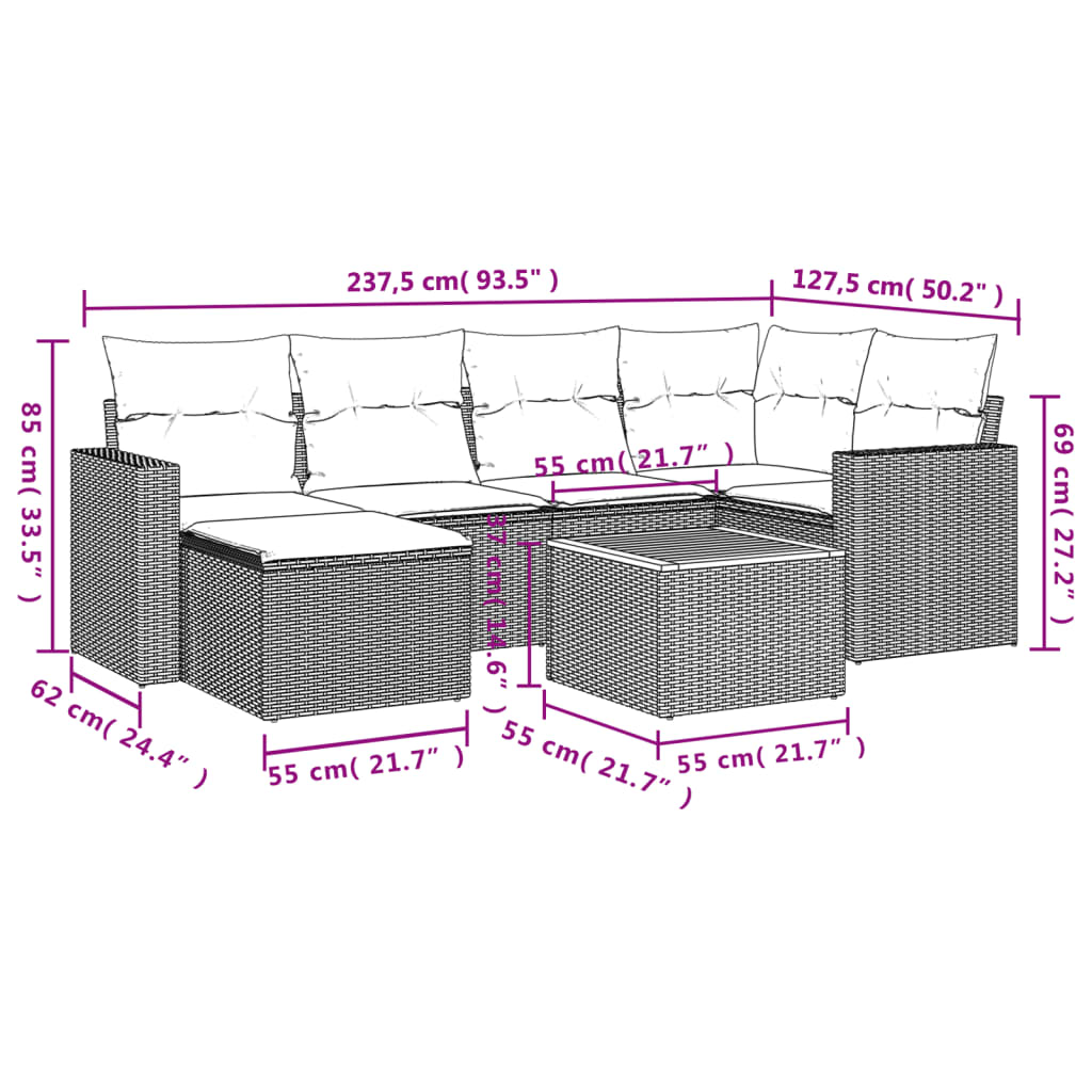7 Pcs conjunto de sofás p/ jardim com almofadões vime PE bege