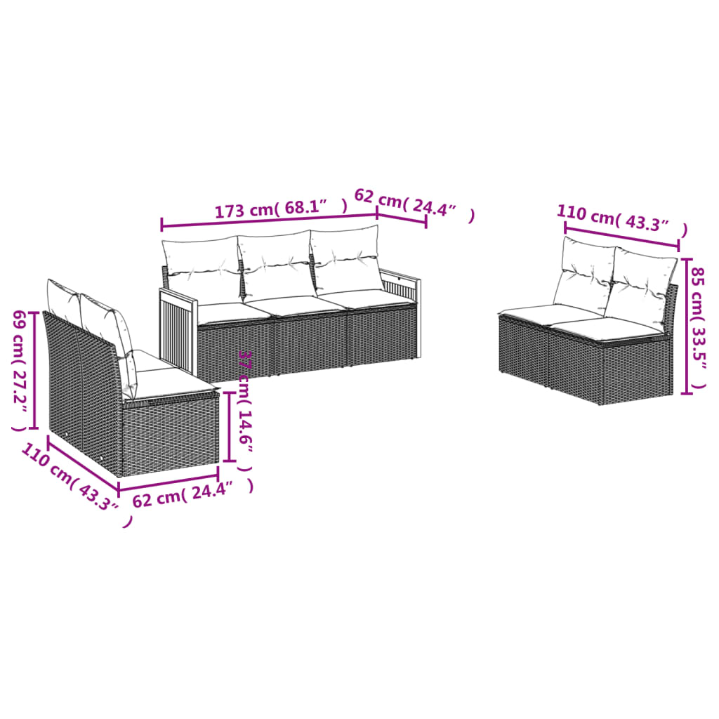 7 Pcs conjunto sofás p/ jardim c/ almofadões vime PE cinzento