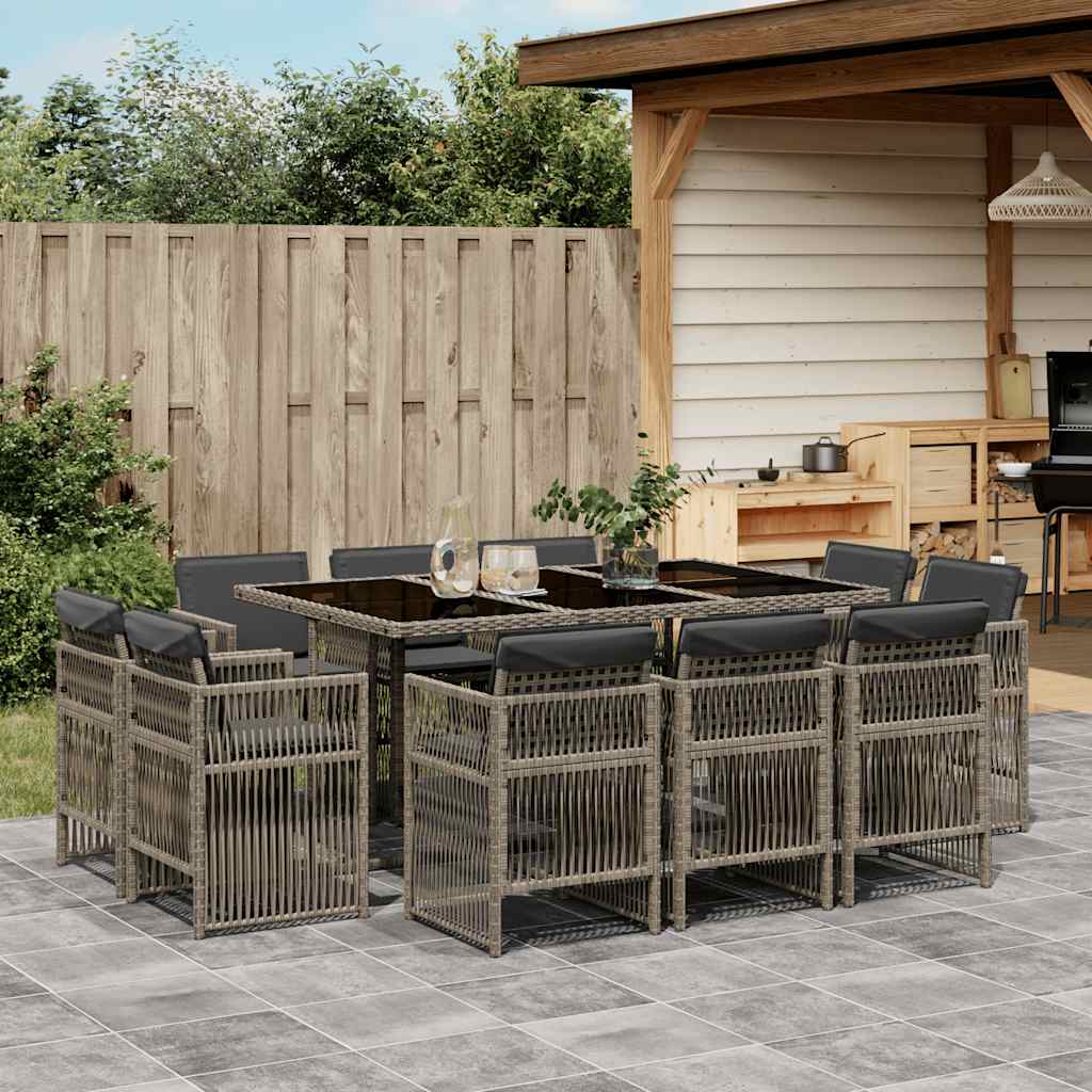 11 Pcs conjunto jantar p/ jardim c/ almofadões vime PE cinzento