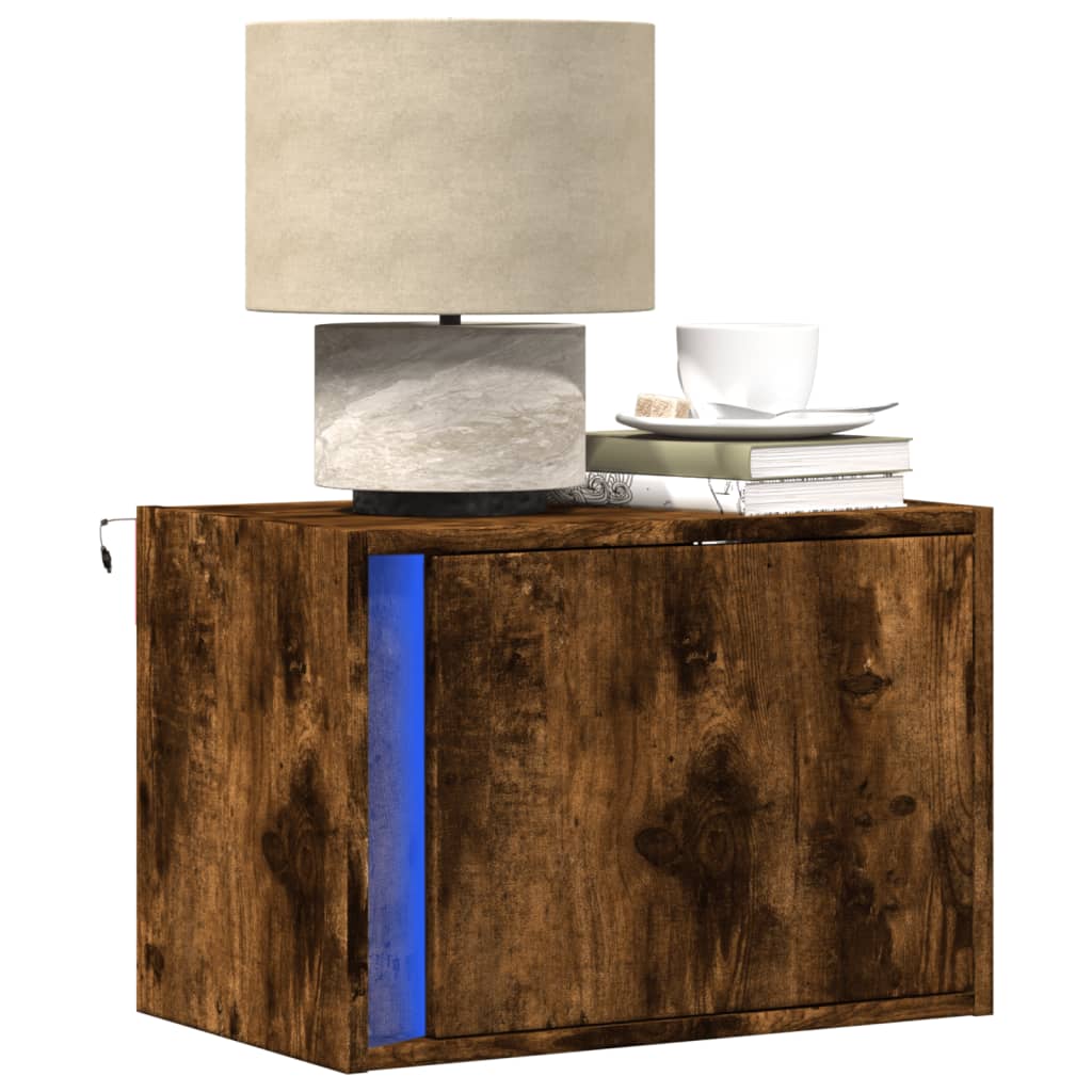 Mesa de cabeceira de parede com luzes LED carvalho fumado