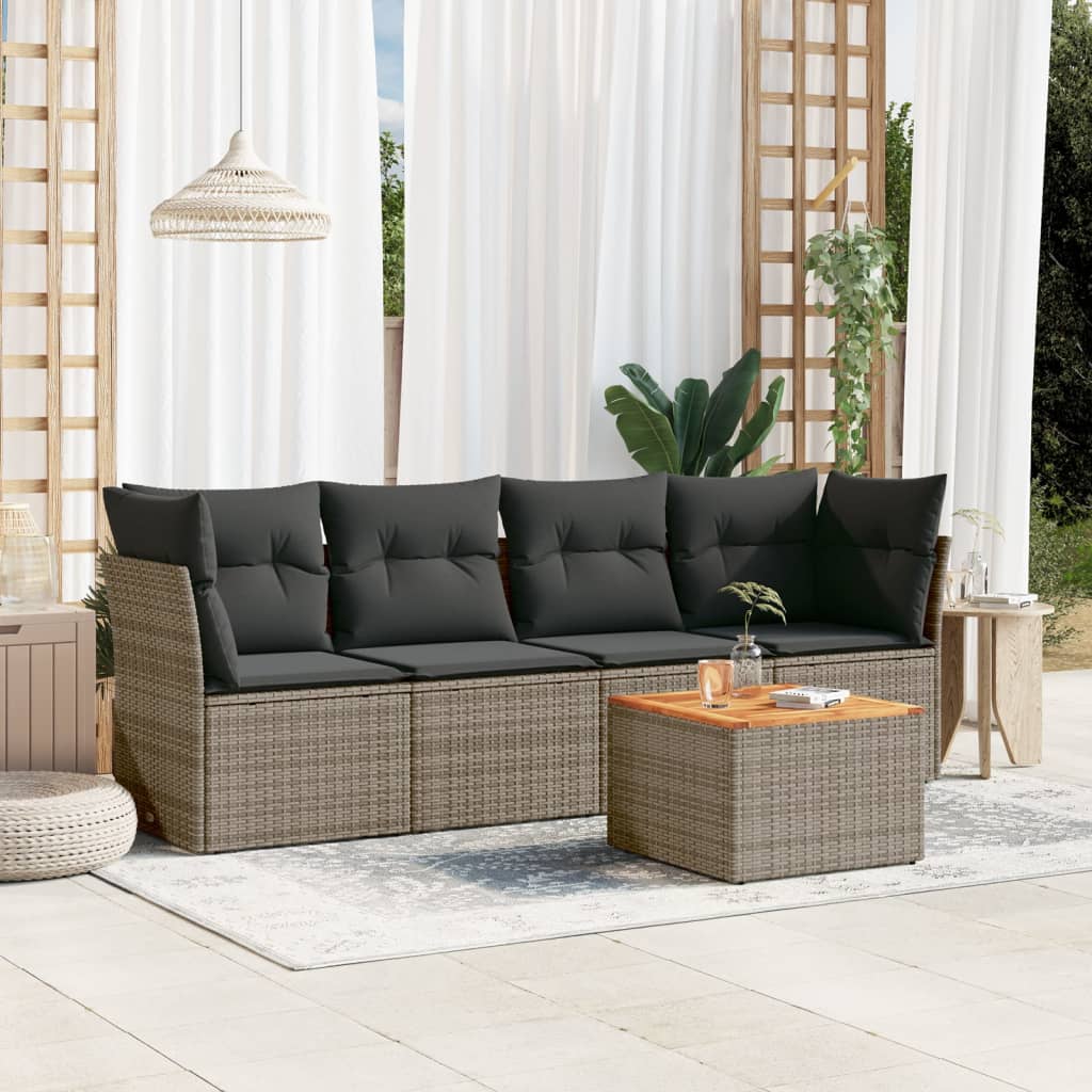 5 Pcs conjunto sofás de jardim c/ almofadões vime PE cinzento