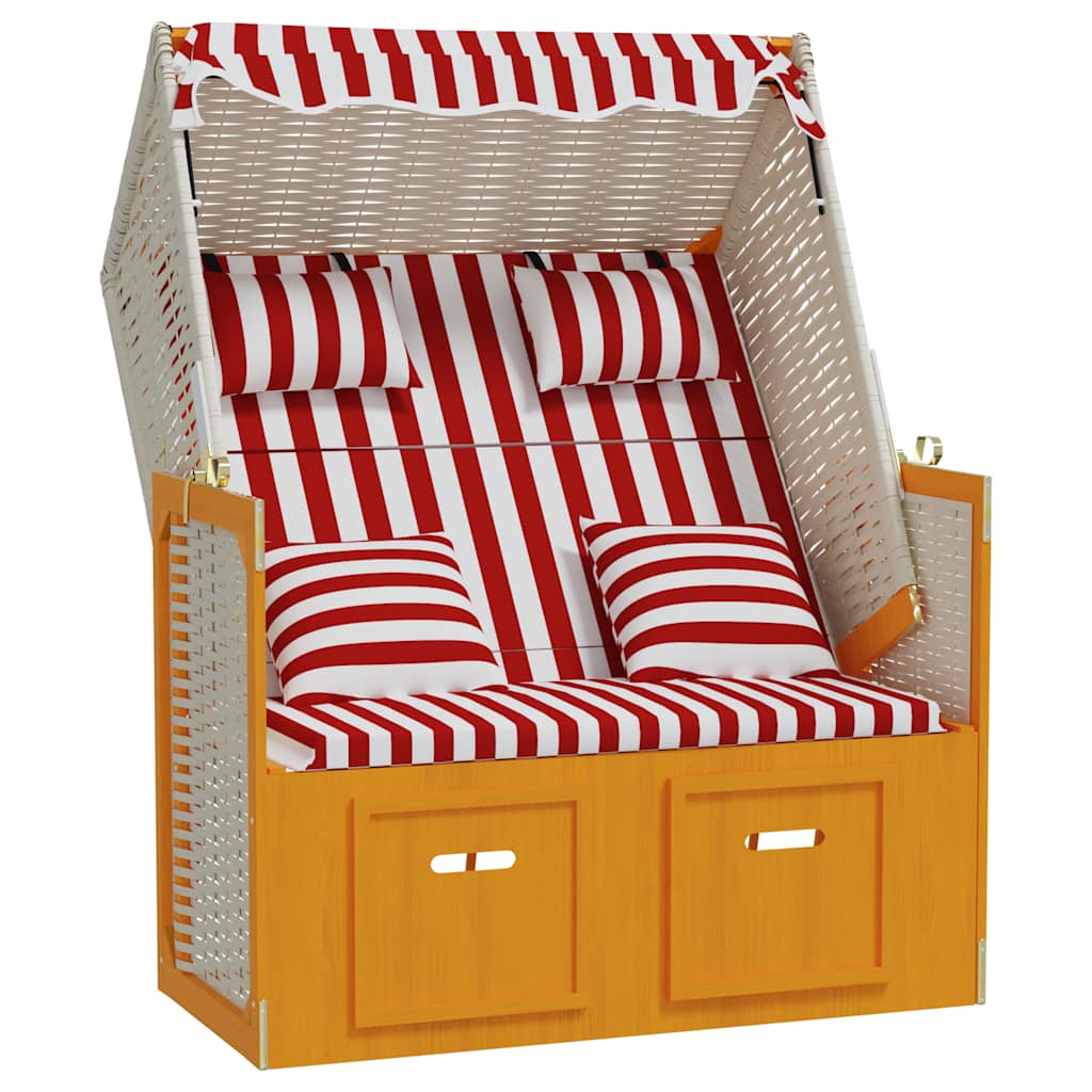 Strandkorb c/ almofadões vime PE/madeira maciça vermelho/branco