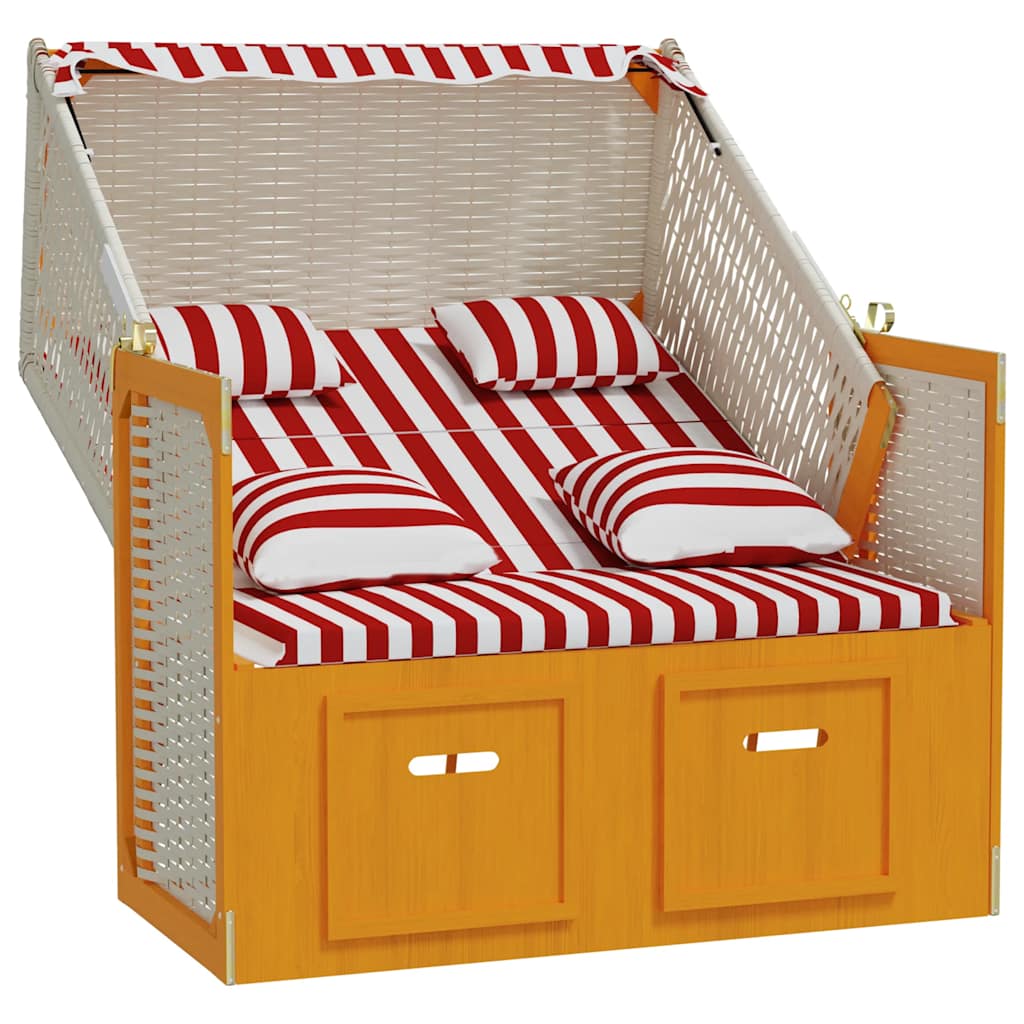 Strandkorb c/ almofadões vime PE/madeira maciça vermelho/branco