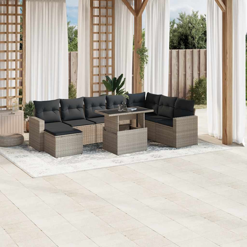 9 Pcs conj. sofás jardim com almofadões vime PE cinzento-claro
