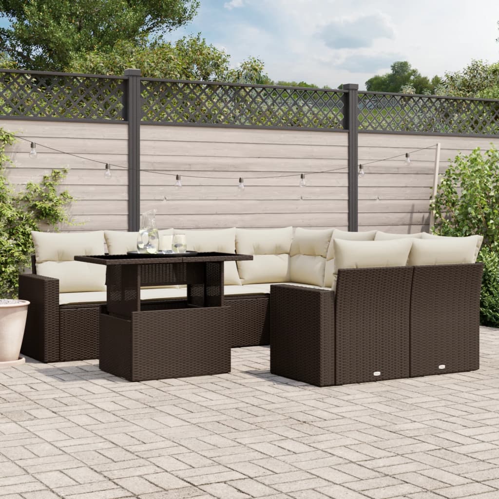 9 Pcs conjunto sofás p/ jardim c/ almofadões vime PE castanho