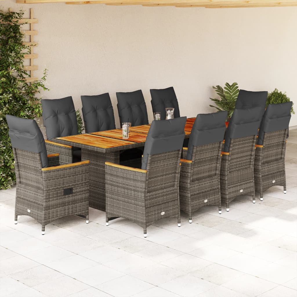 11 Pcs conjunto bistrô de jardim c/ almofadões vime PE cinzento
