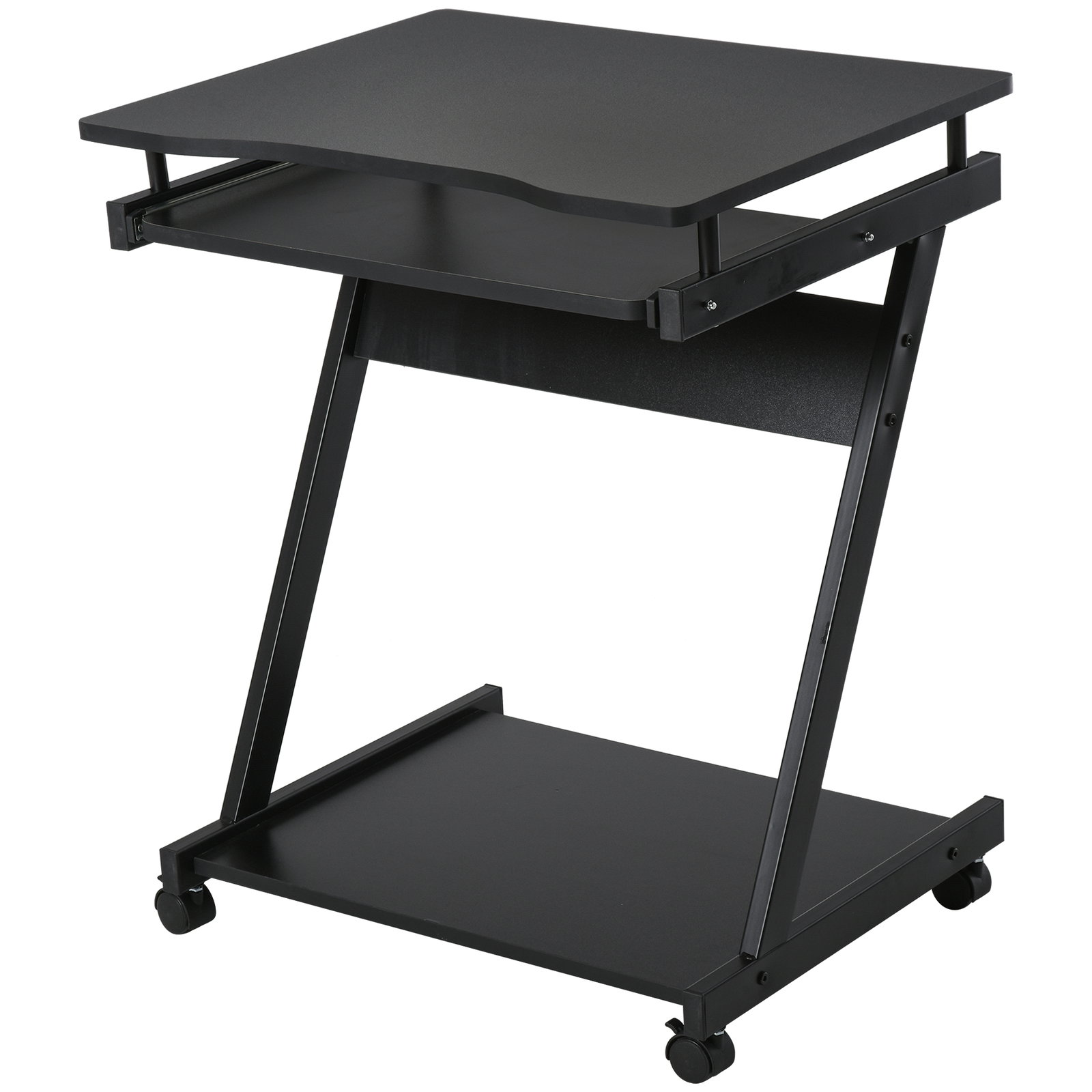 Secretária para computador com rodas 60x48 cm com prateleira deslizante para teclado e prateleira inferior estrutura metálica preto