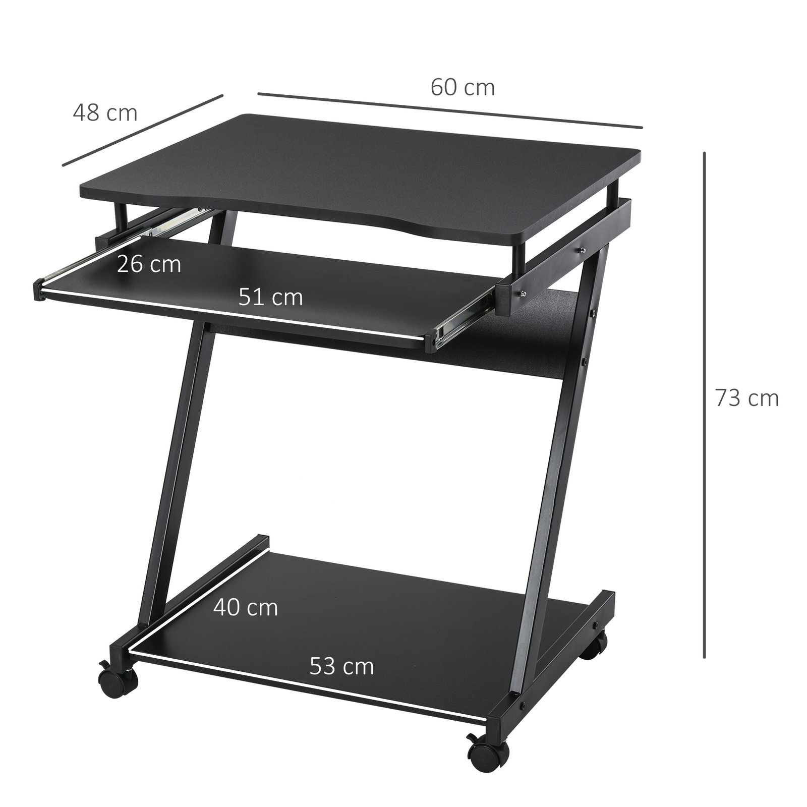 Secretária para computador com rodas 60x48 cm com prateleira deslizante para teclado e prateleira inferior estrutura metálica preto
