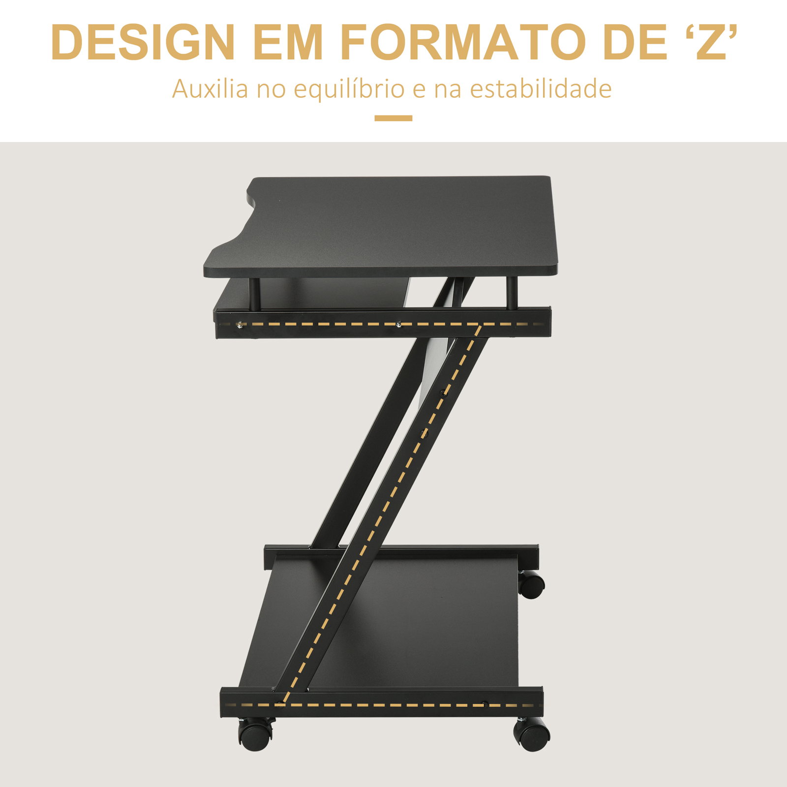 Secretária para computador com rodas 60x48 cm com prateleira deslizante para teclado e prateleira inferior estrutura metálica preto