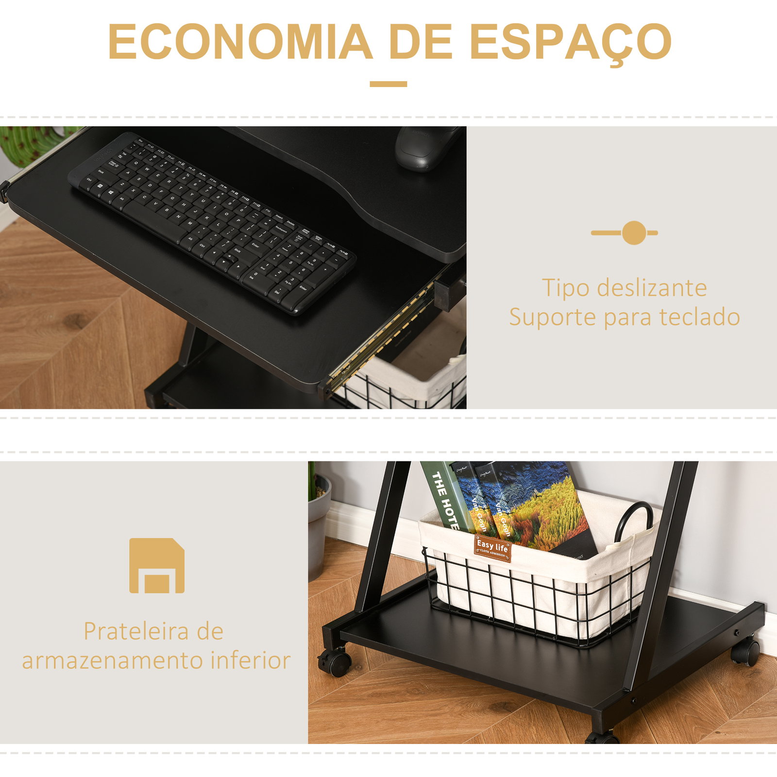 Secretária para computador com rodas 60x48 cm com prateleira deslizante para teclado e prateleira inferior estrutura metálica preto