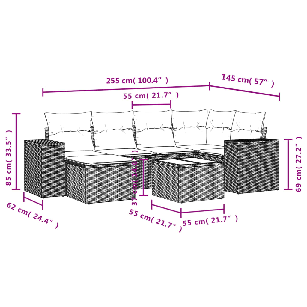 7 Pcs conjunto sofás p/ jardim c/ almofadões vime PE cinzento