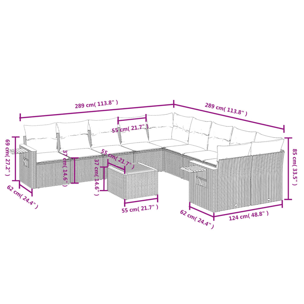 11 Pcs conjunto sofás de jardim c/ almofadões vime PE preto