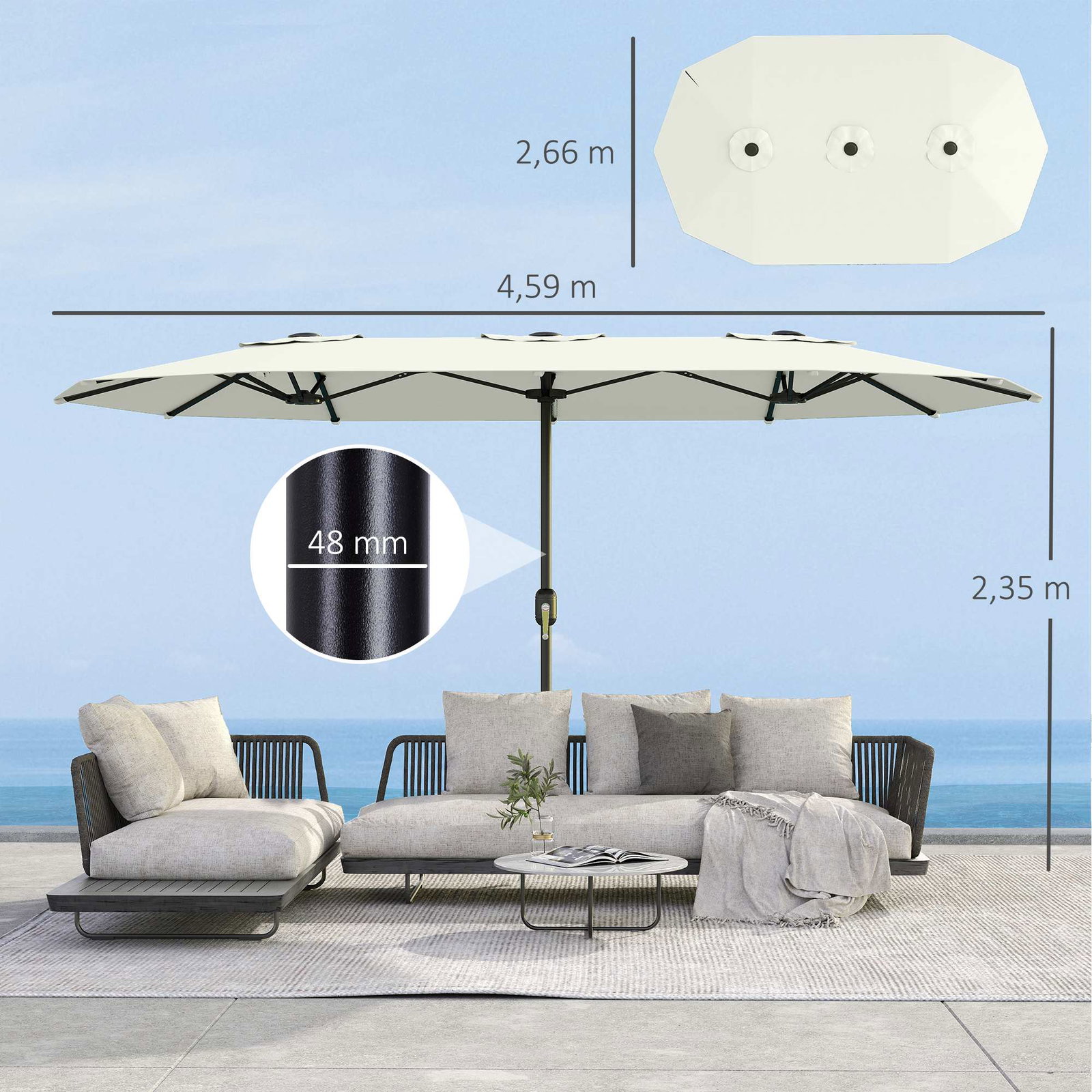 Guarda-sol duplo de jardim 4,6x2,6 m com manivela manual proteção uv50+ capa resistente à água creme