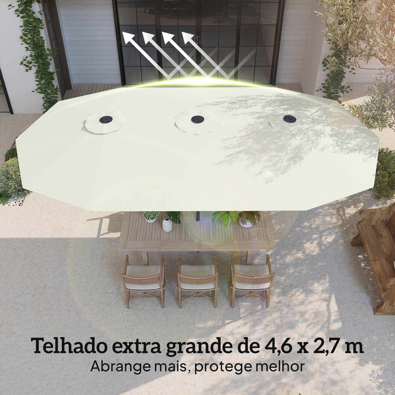 Guarda-sol duplo de jardim 4,6x2,6 m com manivela manual proteção uv50+ capa resistente à água creme
