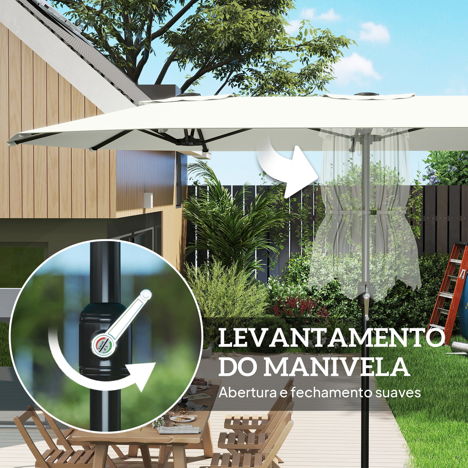 Guarda-sol duplo de jardim 4,6x2,6 m com manivela manual proteção uv50+ capa resistente à água creme