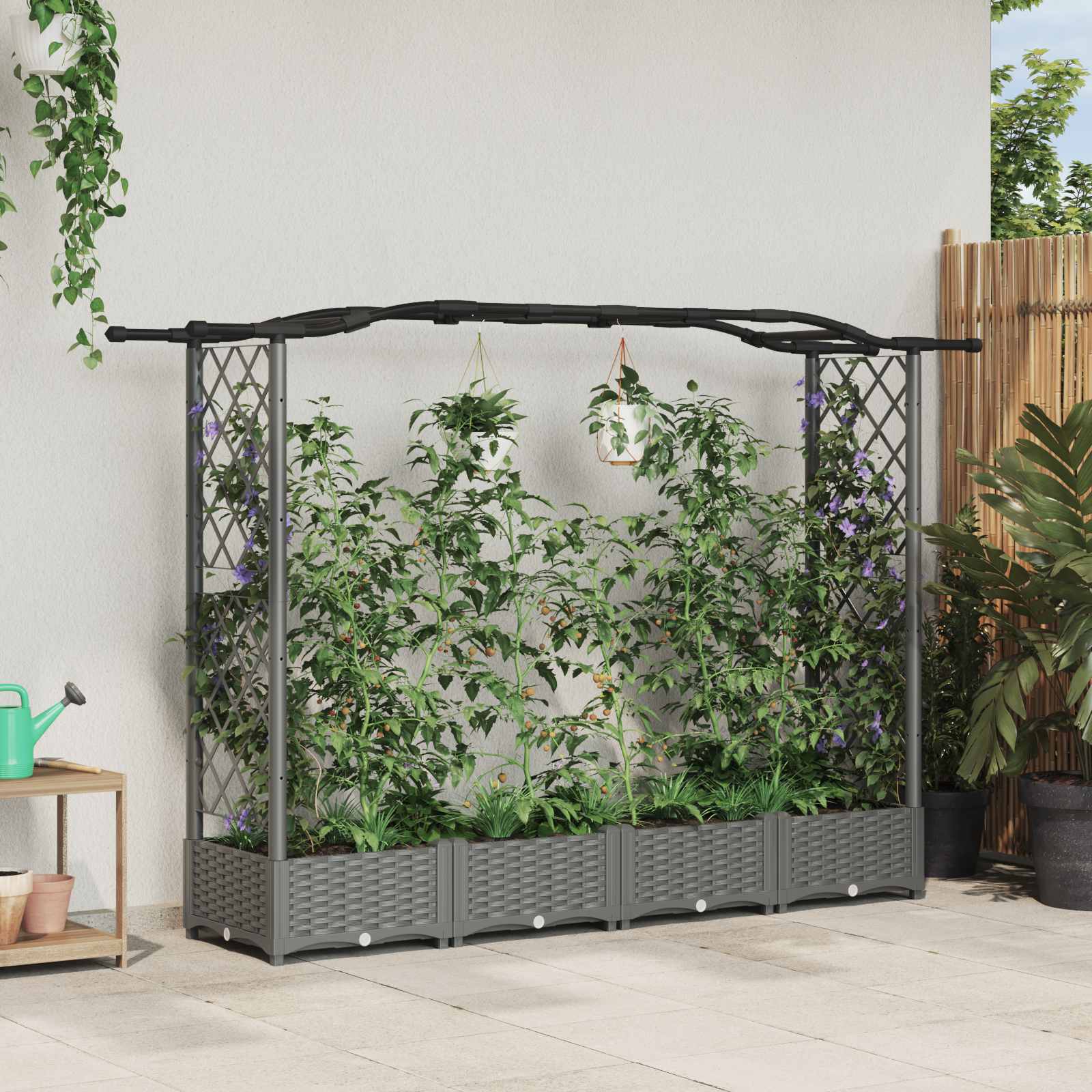 Cama elevada com treliça e telhado cinzento-claro PP