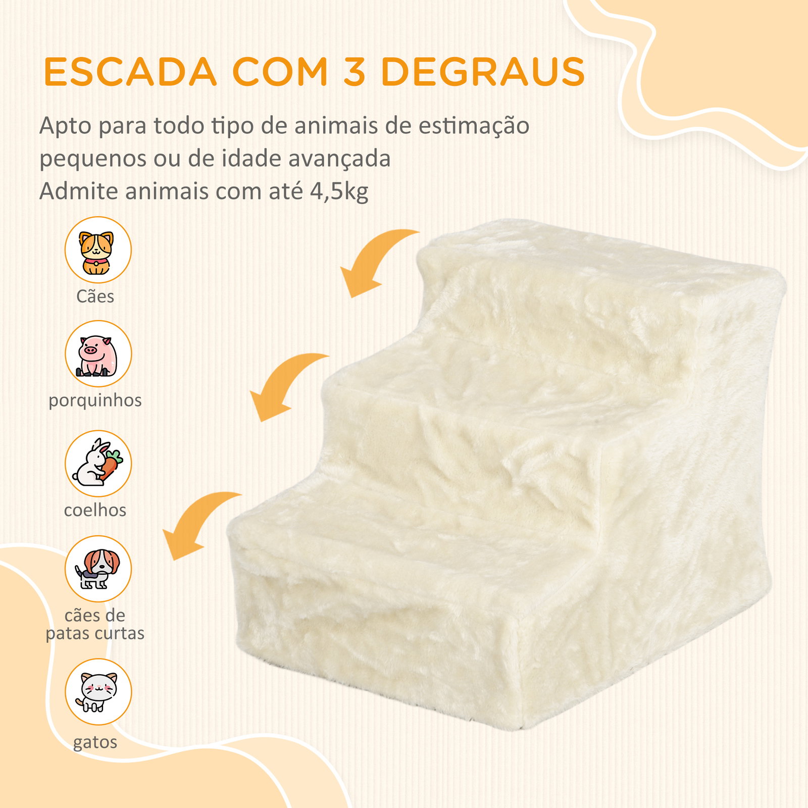 Escada para cães de 3 degraus com capa removível e lavável rampa para cães para cama sofá 46x35x35 cm bege