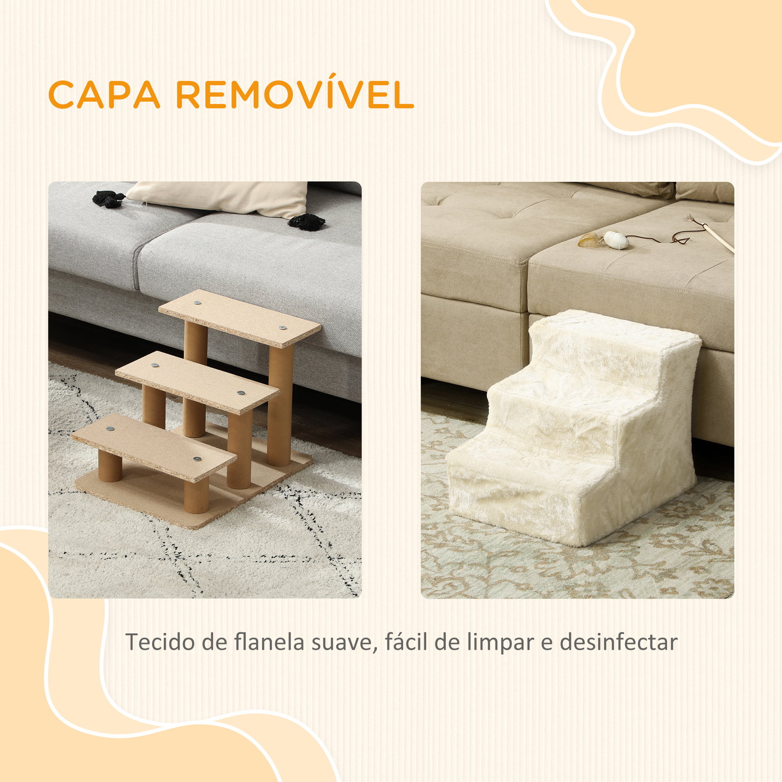 Escada para cães de 3 degraus com capa removível e lavável rampa para cães para cama sofá 46x35x35 cm bege