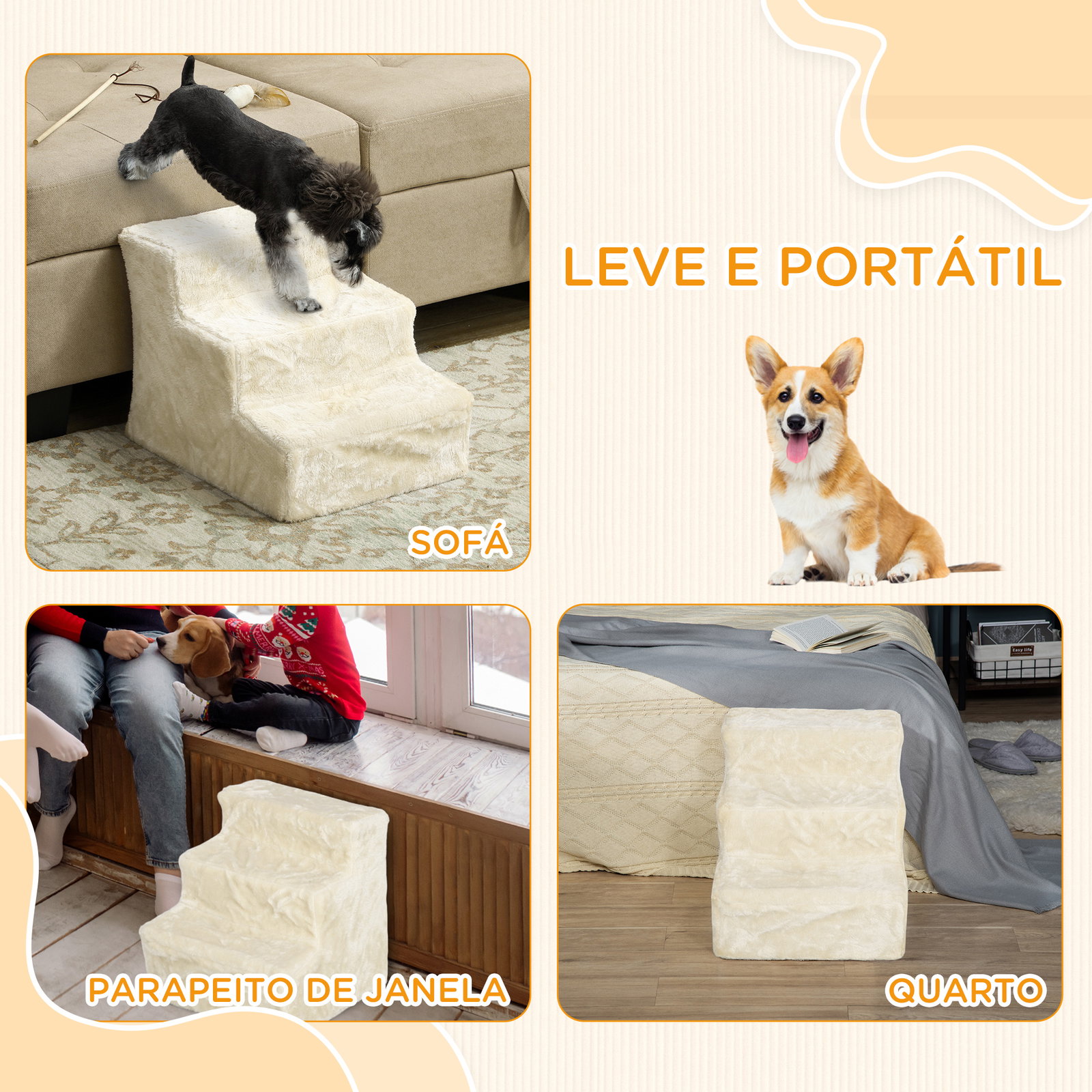 Escada para cães de 3 degraus com capa removível e lavável rampa para cães para cama sofá 46x35x35 cm bege