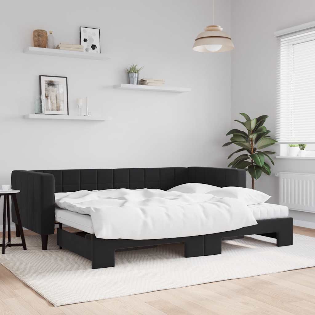 Sofá-cama com gavetão e colchões 90x200 cm veludo preto