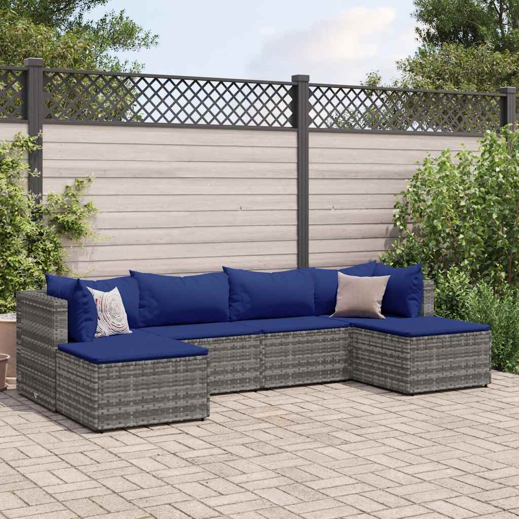 6 Pcs conjunto lounge de jardim c/ almofadões vime PE cinzento