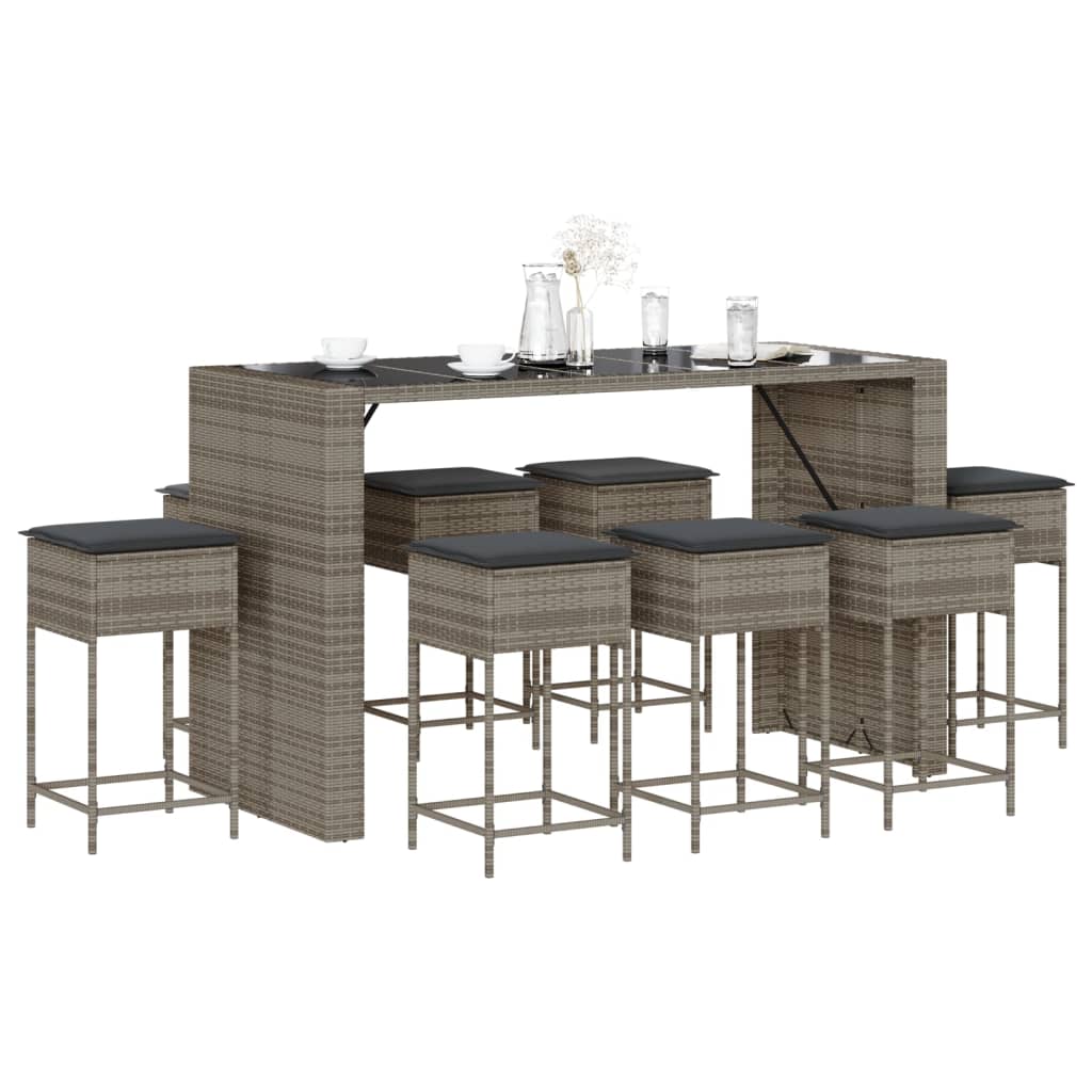 9 Pcs conjunto de bar p/ jardim c/ almofadões vime PE cinzento